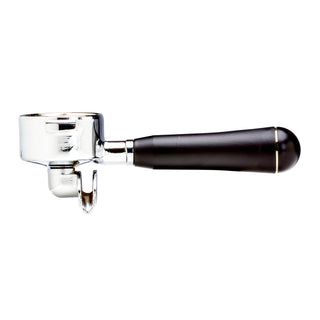 Lucca A53 53mm dual spout portafilter with black handle on white background.