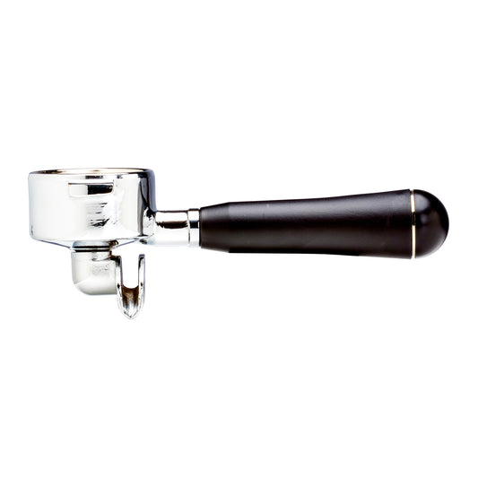 Lucca A53 53mm dual spout portafilter with black handle on white background.