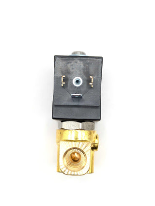 La Spaziale hot water solenoid valve black block oriented to show brass connector and brass cap