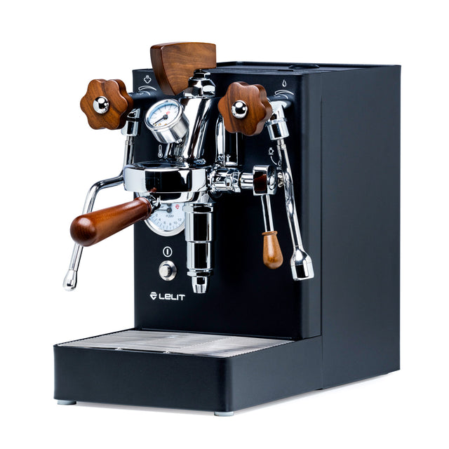 Flow Control Kit installed on a Lelit Mara X espresso machine with walnut wood knobs and chrome fittings