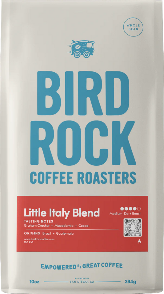 Bird Rock Coffee Roasters Little Italy Blend bag with blue logo and red tasting notes panel