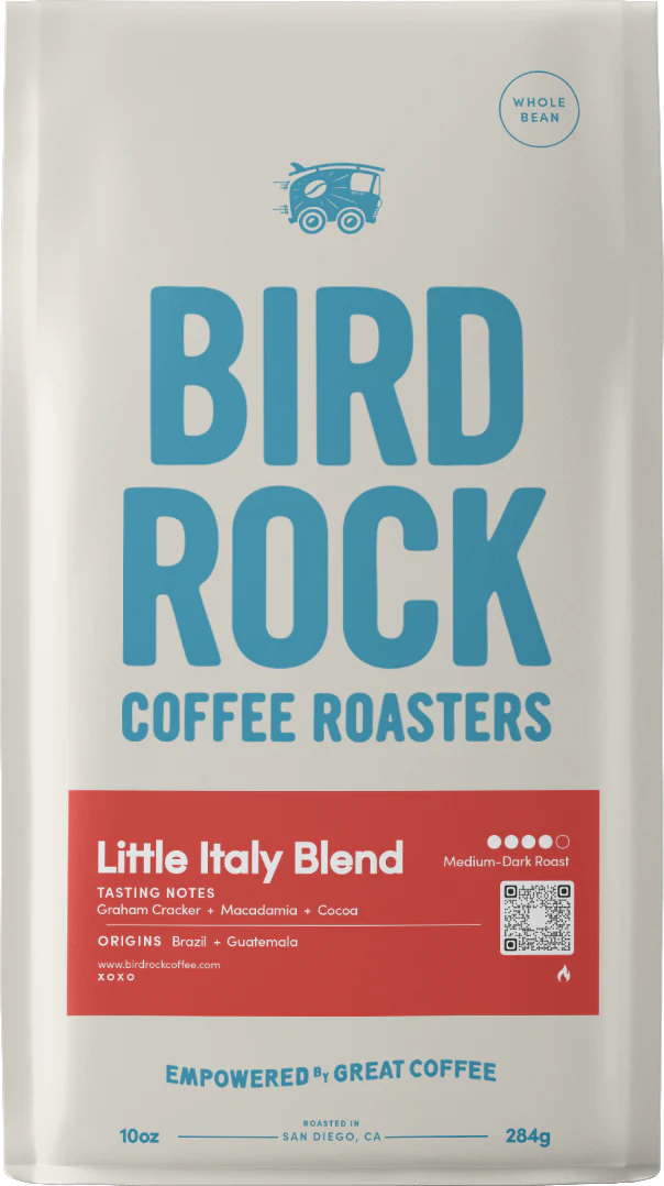 Bird Rock Coffee Roasters Little Italy Blend bag with blue logo and red tasting notes panel
