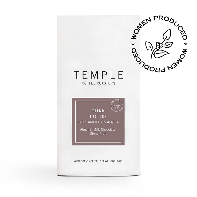Temple Lotus Blend coffee bag front with brown label listing almond milk chocolate and stone fruit and a circular Women Produced stamp