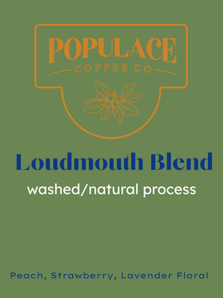 Green packaging with Populace Coffee Co logo and Loudmouth Blend title, washed process and peach strawberry lavender floral notes.