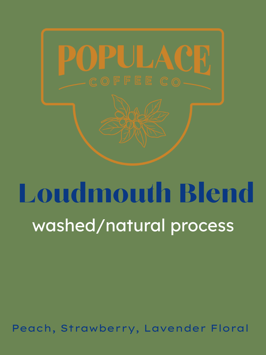 Green packaging with Populace Coffee Co logo and Loudmouth Blend title, washed process and peach strawberry lavender floral notes.