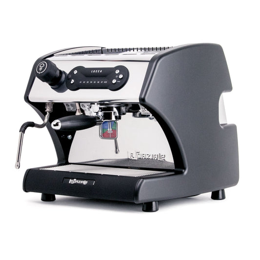 Lucca A53 DP espresso machine head with chrome body, portafilter mounted and LUCCA control panel visible