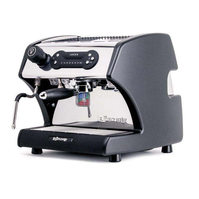 Lucca A53 DP espresso machine head with chrome body, portafilter mounted and LUCCA control panel visible