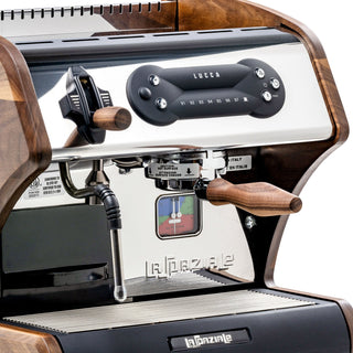 Walnut steam knob installed on LUCCA A53 Mini espresso machine replacing the plastic knob