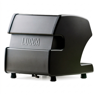 Side view of the LUCCA A53 Pro espresso machine in matte gray with embossed LUCCA logo.