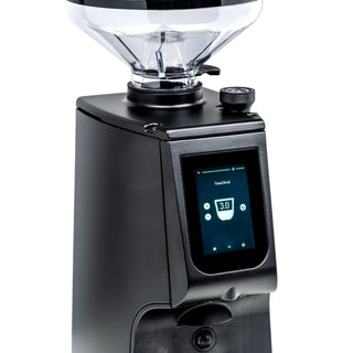 LUCCA Atom 75 espresso grinder with clear hopper and digital display on black body