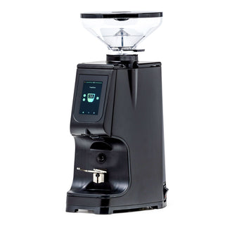 Front view of the LUCCA Atom 75 espresso grinder in black with a clear hopper and touchscreen display