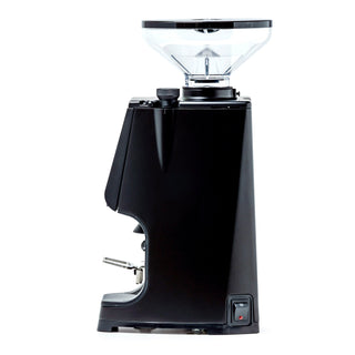 Side view of the black LUCCA Atom 75 grinder with clear hopper and control dial