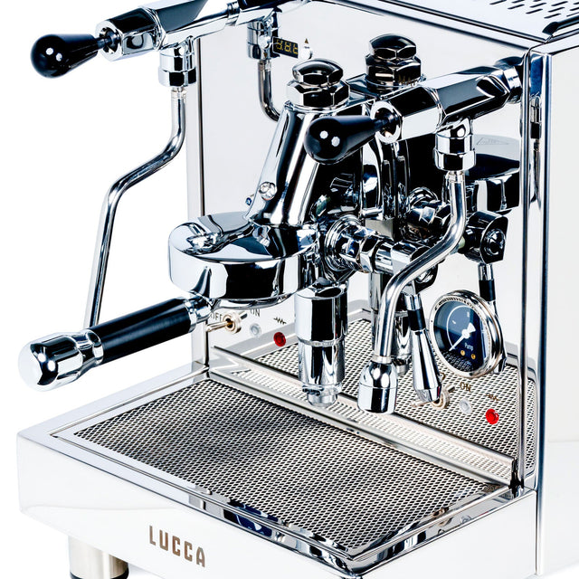 LUCCA M58 stainless steel espresso machine close up detail view knockout by Clive Coffee