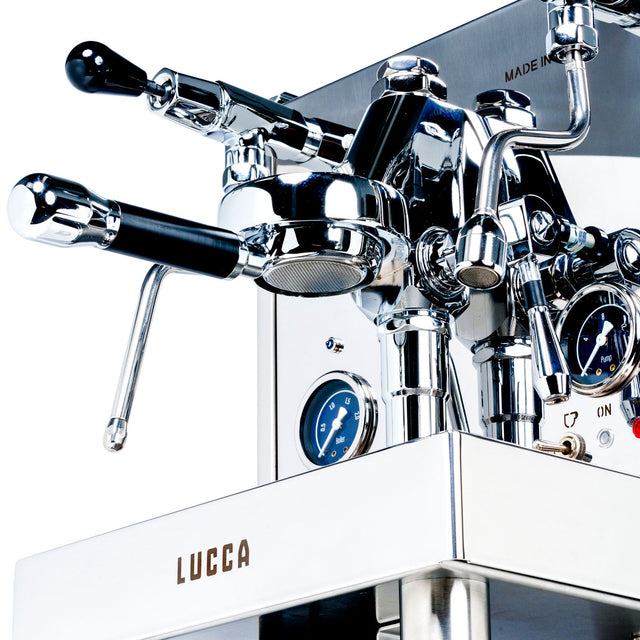 LUCCA M58 stainless steel espresso machine close up detail view knockout by Clive Coffee 