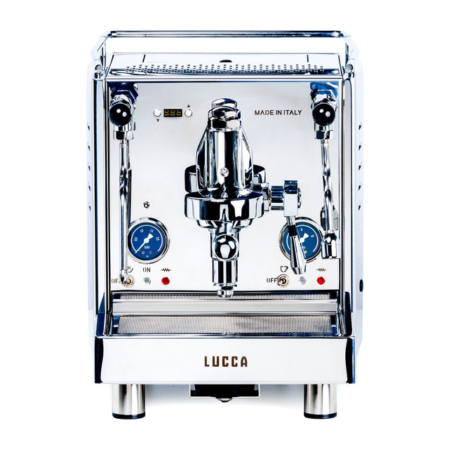 LUCCA M58 stainless steel espresso machine front view knock out by clive coffee