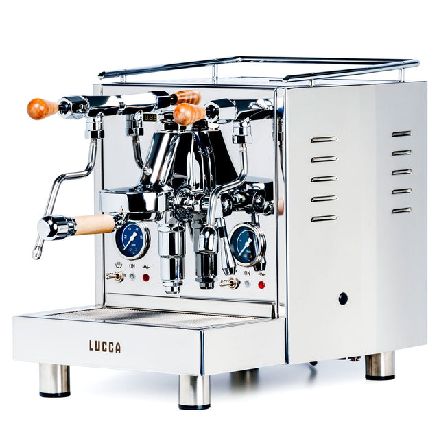 LUCCA M58 stainless steel espresso machine with maple touch points knockout by clive coffee (Maple Touch Points))
