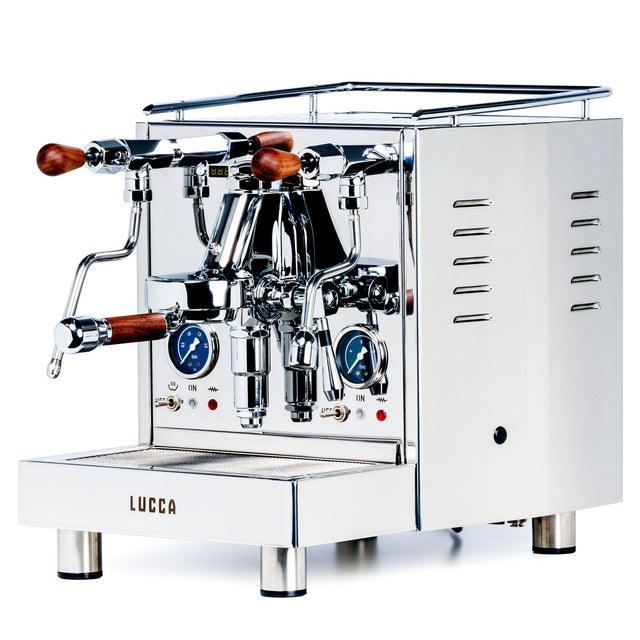 LUCCA M58 stainless steel espresso machine with walnut touch points knockout by clive coffee (Walnut Touch Points)