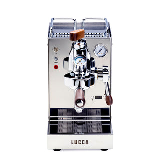 Front view of LUCCA E61 stainless steel espresso machine with a wooden flow control knob on top