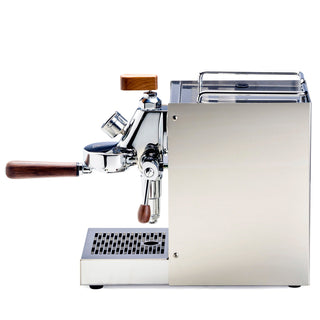 Side view of LUCCA Solo espresso machine showcasing chrome body, wooden lever, and top rail design