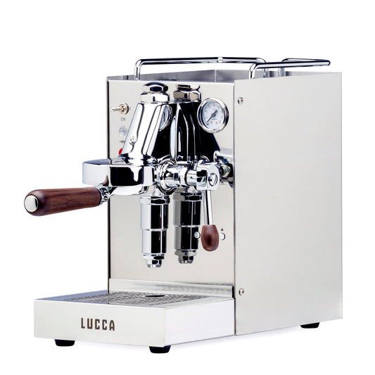 Open Box Lucca Solo espresso machine with chrome finish and wooden portafilter handle
