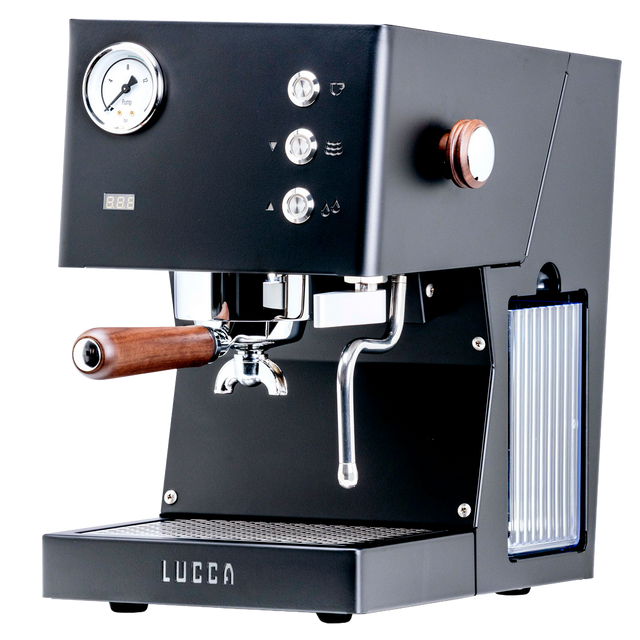Open box Lucca Tempo espresso machine in black with round gauge, wooden portafilter handle and chrome controls