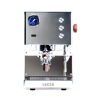 Front view of LUCCA Tempo espresso machine with a blue pump gauge, three chrome knobs, and a wood handle portafilter.