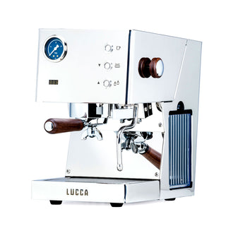LUCCA Tempo espresso machine chrome body with blue gauge and LUCCA logo base (Stainless Steel)
