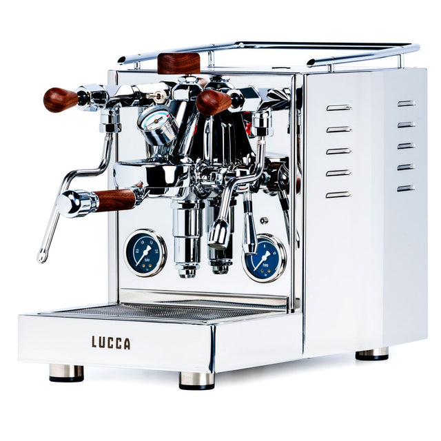 LUCCA X58 Espresso Machine in Stainless Steel with walnut flow control from Clive Coffee - knockout