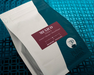 Mexico Oaxaca coffee bag with maroon label on teal backdrop and a small pile of roasted beans nearby