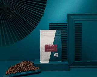 Mexico Oaxaca fully washed coffee bag on teal counter with roasted coffee beans spilling onto the surface