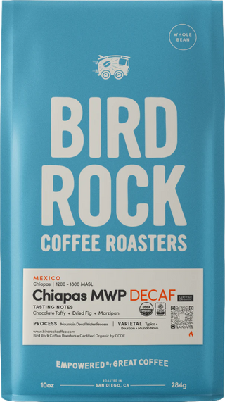 Bird Rock Chiapas MWP Decaf blue coffee bag front label
