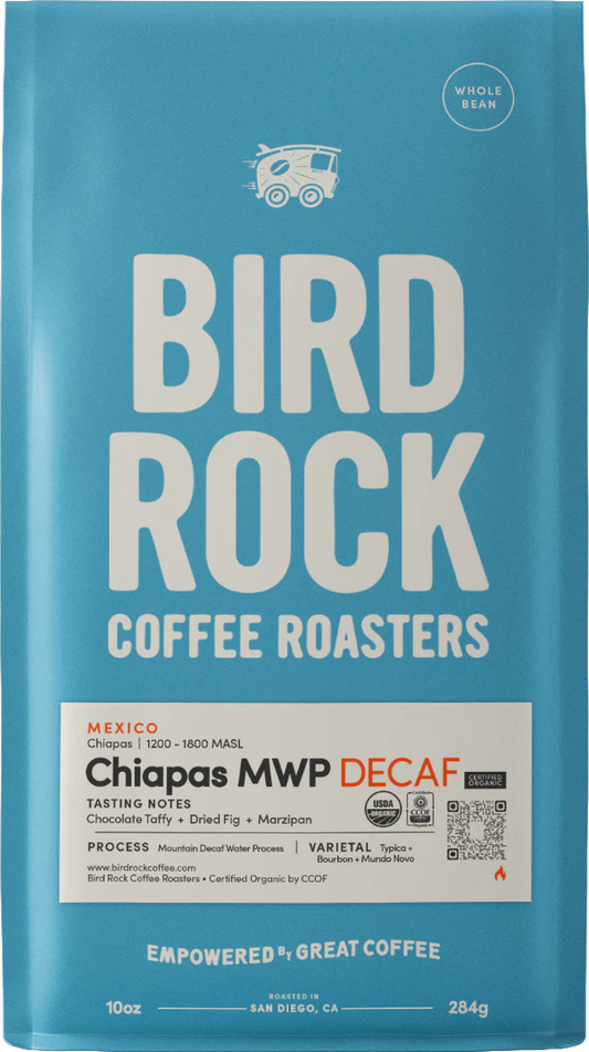 Bird Rock Chiapas MWP Decaf blue coffee bag front label