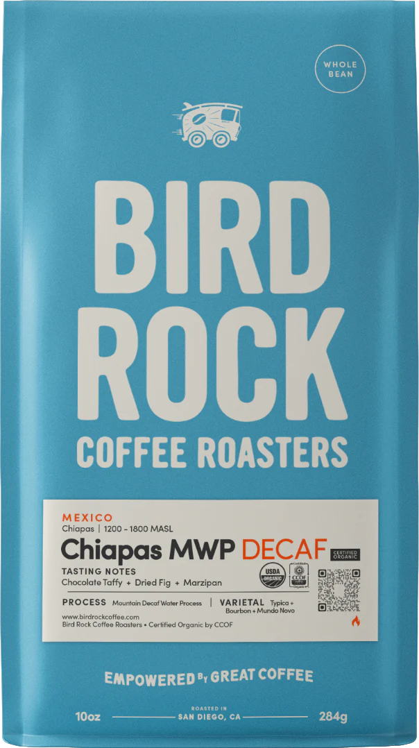 Bird Rock Chiapas MWP Decaf blue coffee bag front label