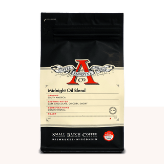 Midnight Oil Blend coffee bag by Anodyne with cream label and red A logo
