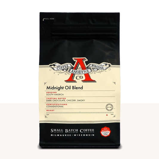 Midnight Oil Blend coffee bag by Anodyne with cream label and red A logo