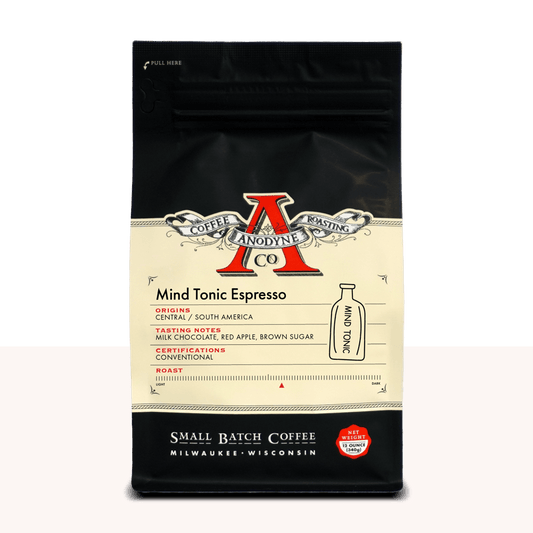 Mind Tonic Espresso bag from Anodyne Coffee Roasting Co with vintage label and dark packaging.
