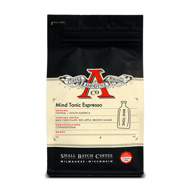 Mind Tonic Espresso bag from Anodyne Coffee Roasting Co with cream label and red Anodyne logo on black packaging