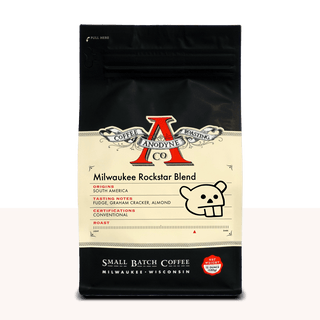 Milwaukee Rockstar Blend coffee bag with bold M logo and cartoon bear icon by Anodyne Roasting Co.