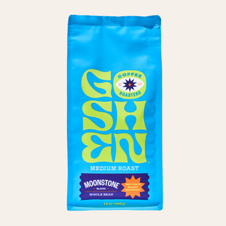 Blue Moonstone coffee bag with bright yellow lime logo dominating the front.