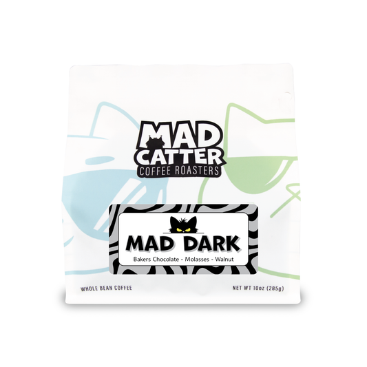 Mad Dark Blend coffee bag with bold MAD DARK logo and colorful graphic design