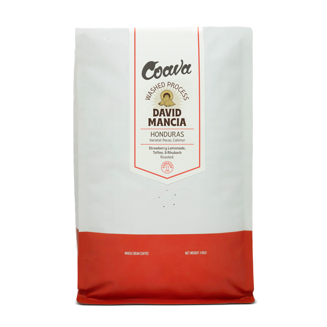 Coava David Mancia Honduras Washed Process coffee bag with white label and red bottom accent