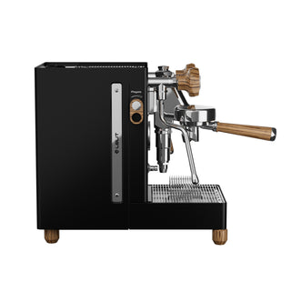 Left side of MaraX3 espresso machine with black body wood accents and chrome fittings.