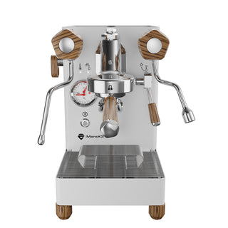 Front view of MaraX3 espresso machine showing wood handles chrome group head and gauges.