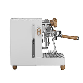 Lelit MaraX3 angled side view in white with wood accents on handles and chrome fittings