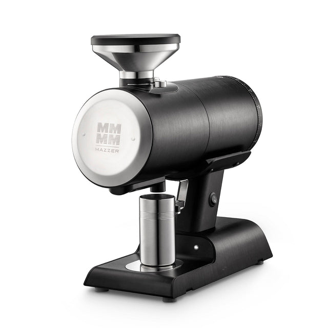 Open Box Mazzer Philos coffee grinder in black with stainless steel hopper and silver front plate.