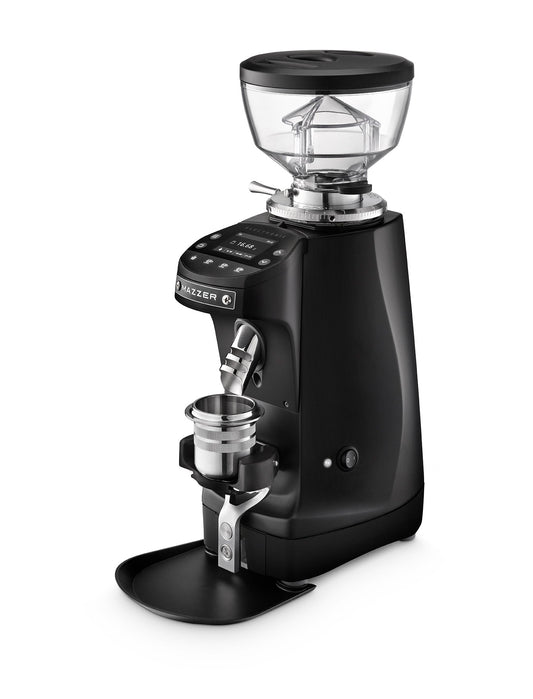 Black Mazzer Mini g coffee grinder with hopper on top and portafilter attached