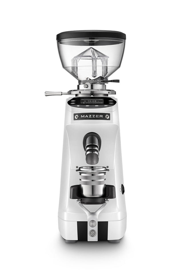Front view of Mazzer Mini G grinder showing digital display, grind adjustment ring, and clear hopper.