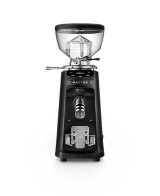 Mazzer Mini espresso grinder in black with clear hopper viewed from the front.