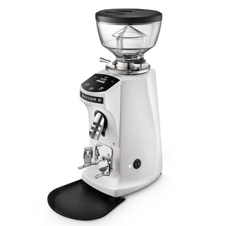 Mazzer Mini espresso grinder in white with clear hopper and front control panel.