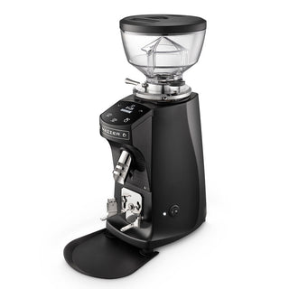 Mazzer Mini espresso grinder in black with clear hopper and front control panel.